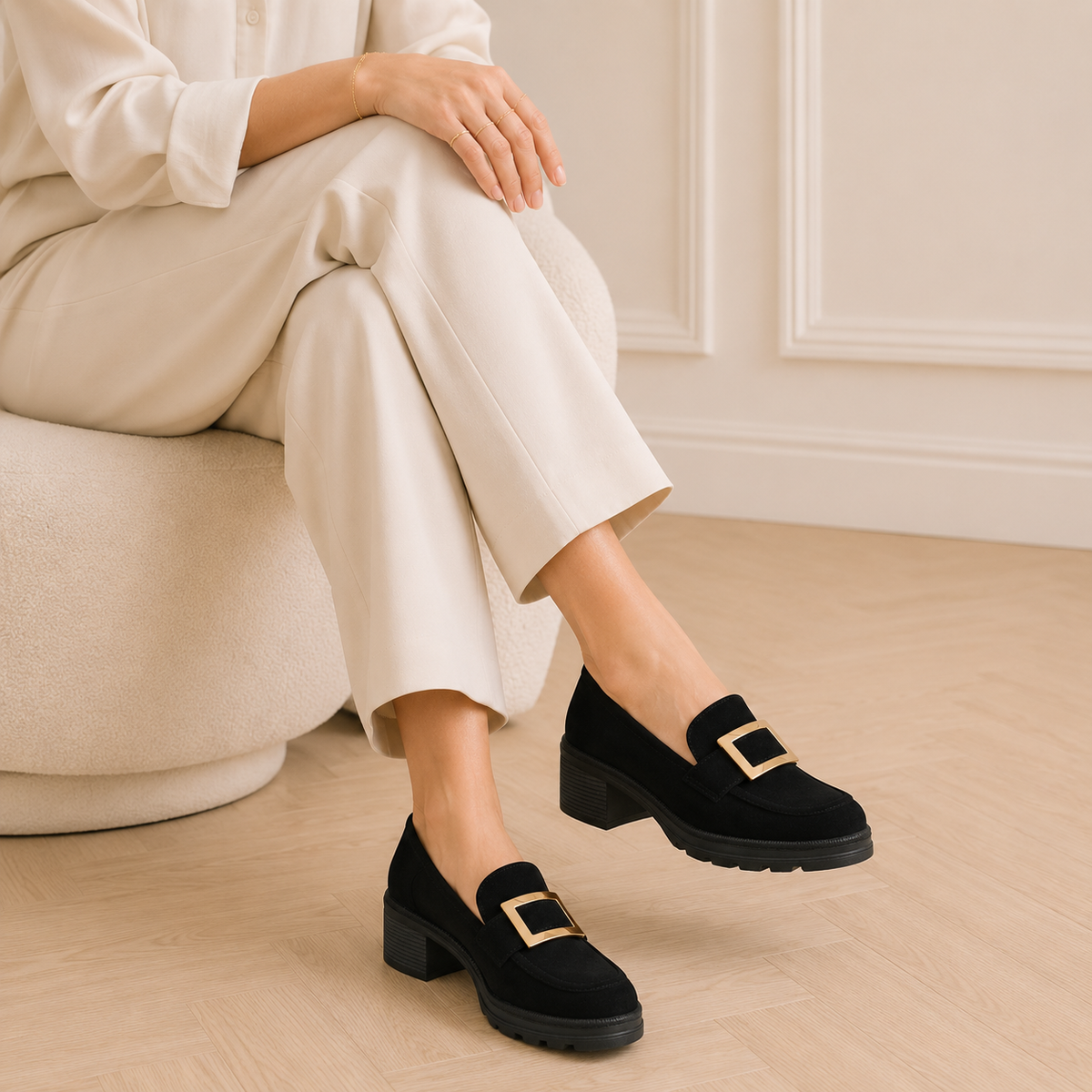 Women's Heeled Loafers with Gold Horsebit