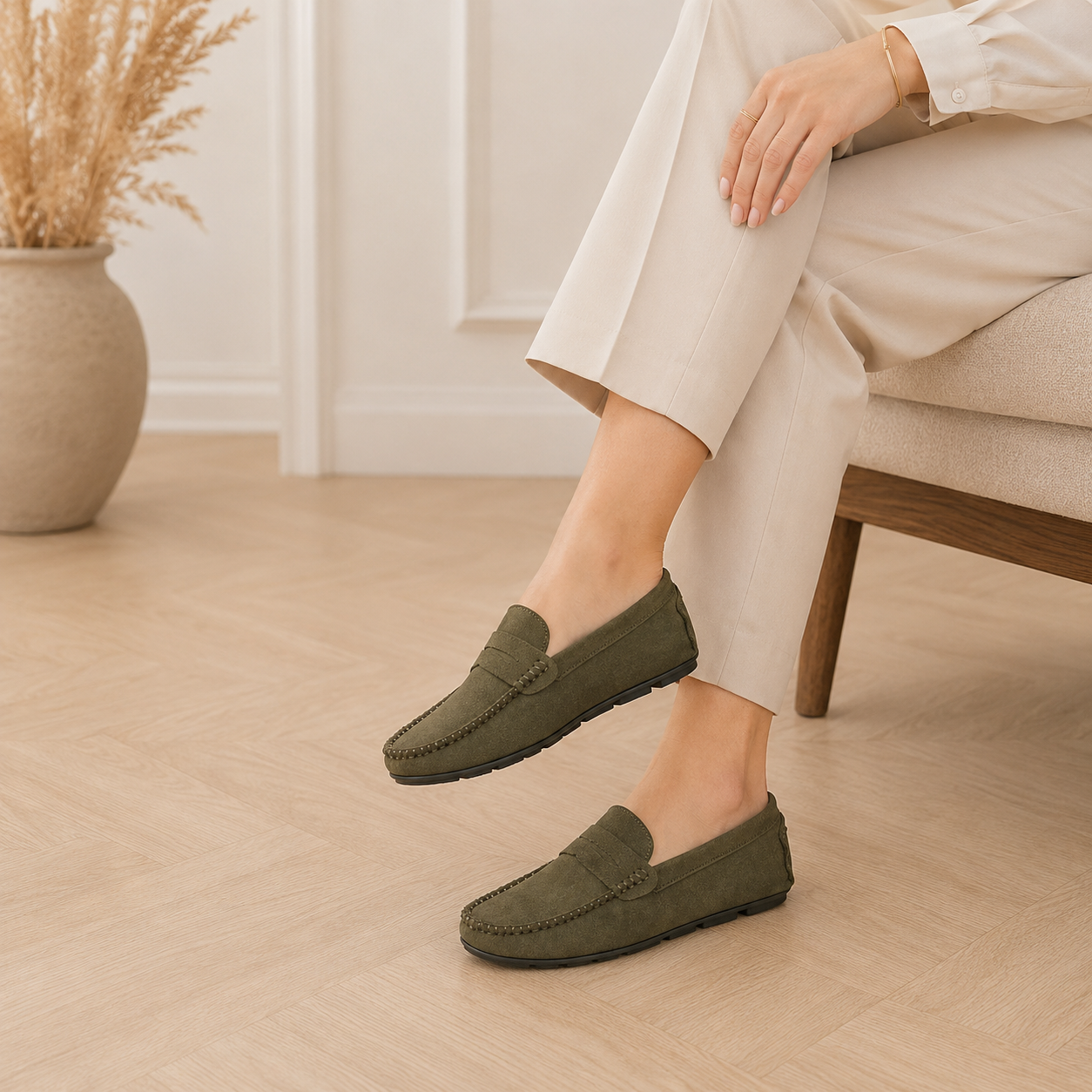 Women's Khaki Suede Loafers